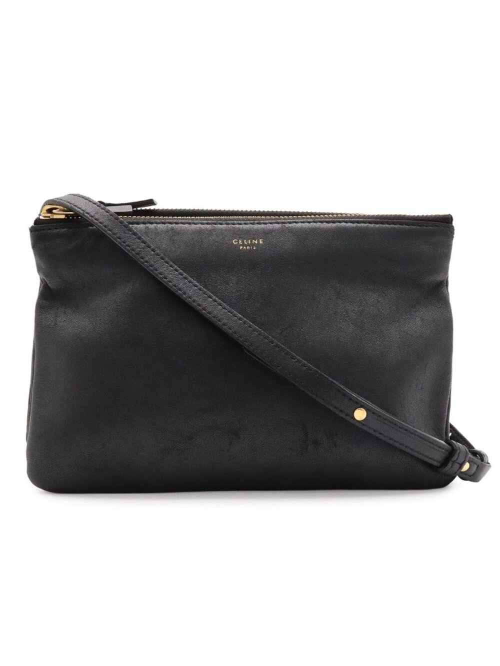 Celine Trio Small Shoulder Bag Pouch Pochette Crossbody Leather Black Gold